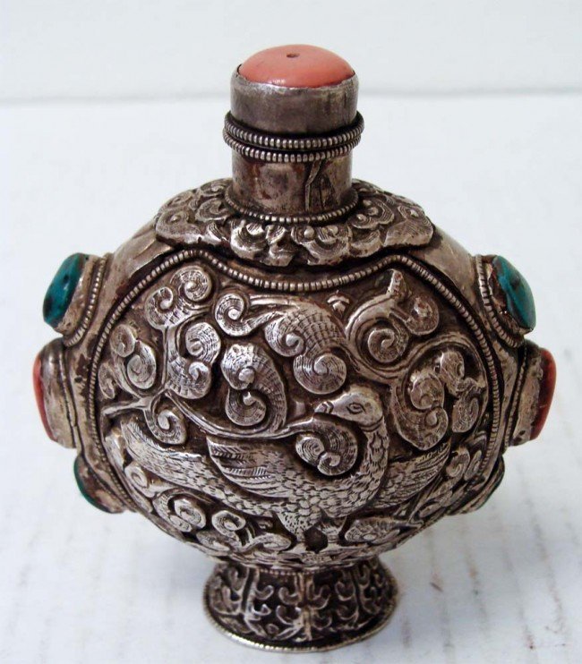 Nepal Etched Silver Coral & Turquoise Snuff Bottle: Decorated with a Monkey and a Peacock, Inlaid with coral and turquoise. Dimensions 3" tall