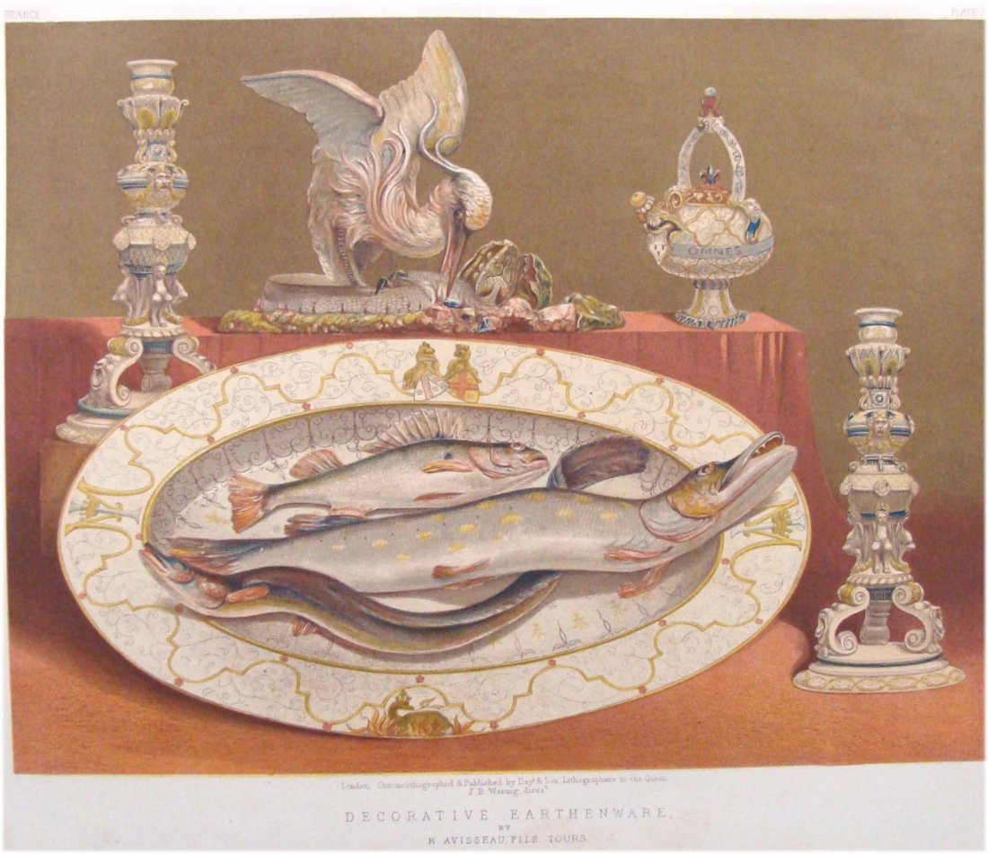 "Decorative Earthenware" chromolitho by JB Waring 1862: Finest quality large chromolithograph color print designed by J B Waring for the Masterpieces of Industrial Arts and Sculpture for the 1862 International Exhibition London. Lot includes Page of Text d