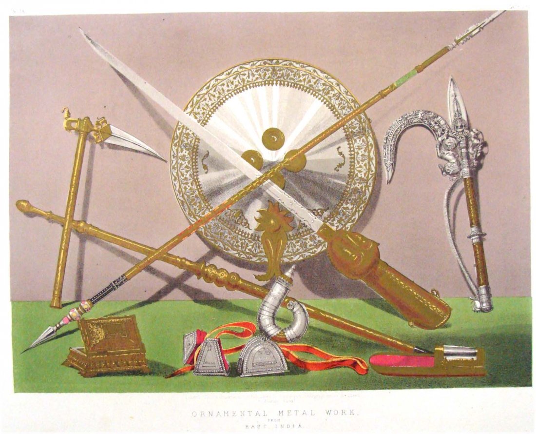 "Ornamental Metal Work" chromolitho by JB Waring 1862: Finest quality large chromolithograph color print designed by J B Waring for the Masterpieces of Industrial Arts and Sculpture for the 1862 International Exhibition London. Lot includes Page of Text d