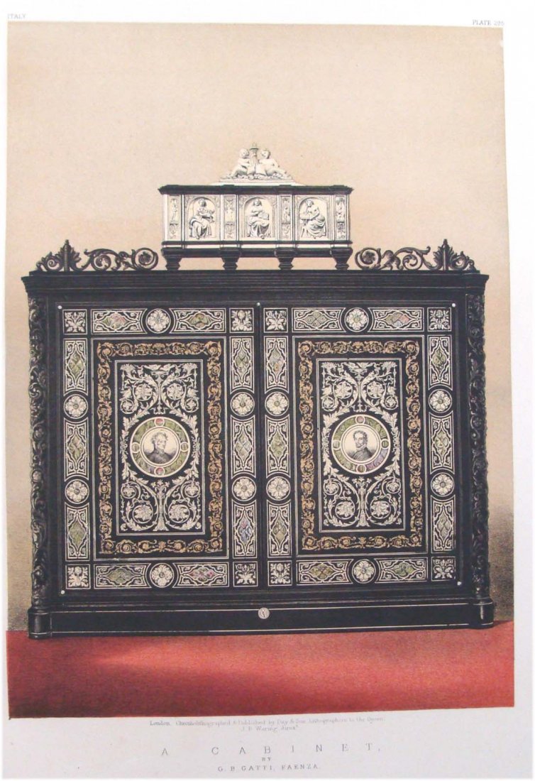 "Italian Cabinet" chromolithograph by JB Waring 1862: Finest quality large chromolithograph color print designed by J B Waring for the Masterpieces of Industrial Arts and Sculpture for the 1862 International Exhibition London. Lot includes Page of Text d