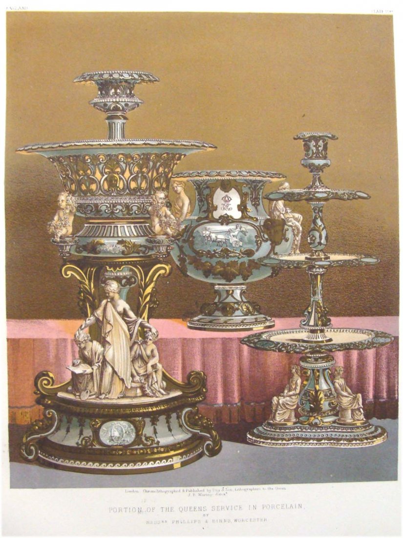 "The Queen's Dessert Service" chromolitho by JB Waring: Finest quality large chromolithograph color print designed by J B Waring for the Masterpieces of Industrial Arts and Sculpture for the 1862 International Exhibition London. Lot includes Page of Text d