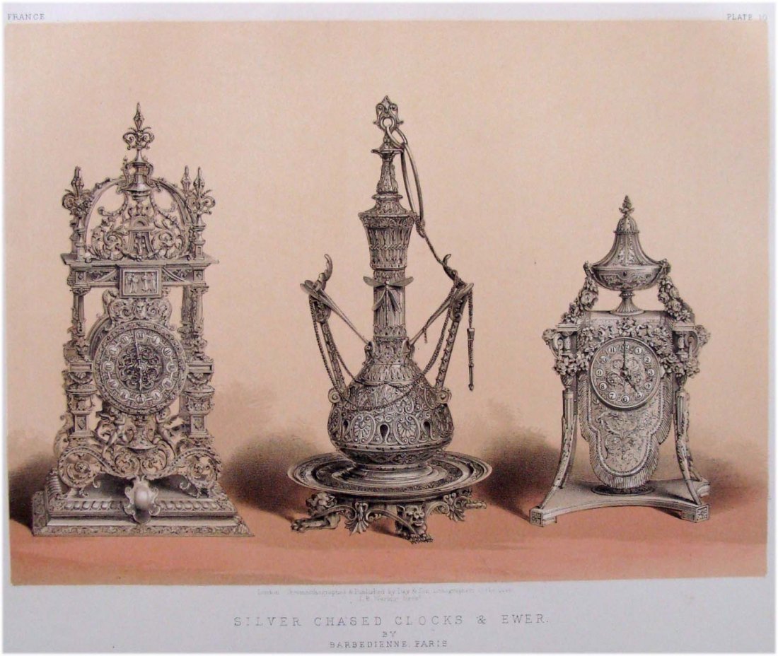 Silver Chased Clocks & Ewer chromolitho JB Waring 1862: Finest quality large chromolithograph color print designed by J B Waring for the Masterpieces of Industrial Arts and Sculpture for the 1862 International Exhibition London. Lot includes Page of Text d