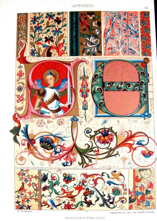 History of Ornaments & Design Circa 1860 Hoffmann, Stut: Colored Chromo Lithograph, Dimensions: 13.5" by 9.5" Plate 43 BK1W20