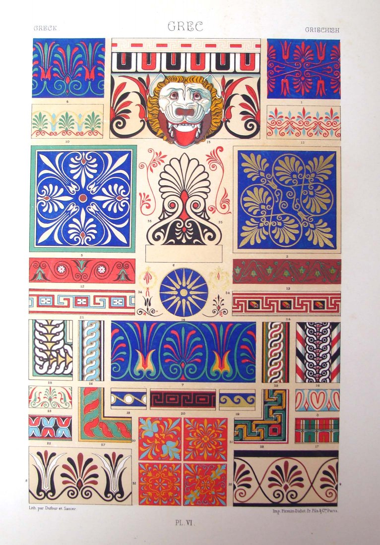 History of Ornaments & Design Circa 1860 Hoffmann: GREC" Plate VI, Stuttgart, germany, Colored Chromo Lithograph, Dimensions: 15" by 11