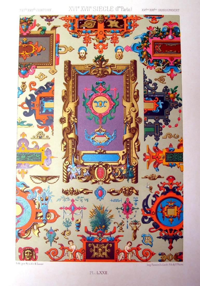 History of Ornaments & Design Circa 1860 Hoffmann: 16th & 17th century, plate LXXII, Stuttgart, germany, Colored Chromo Lithograph, Dimensions: 15" by 11"