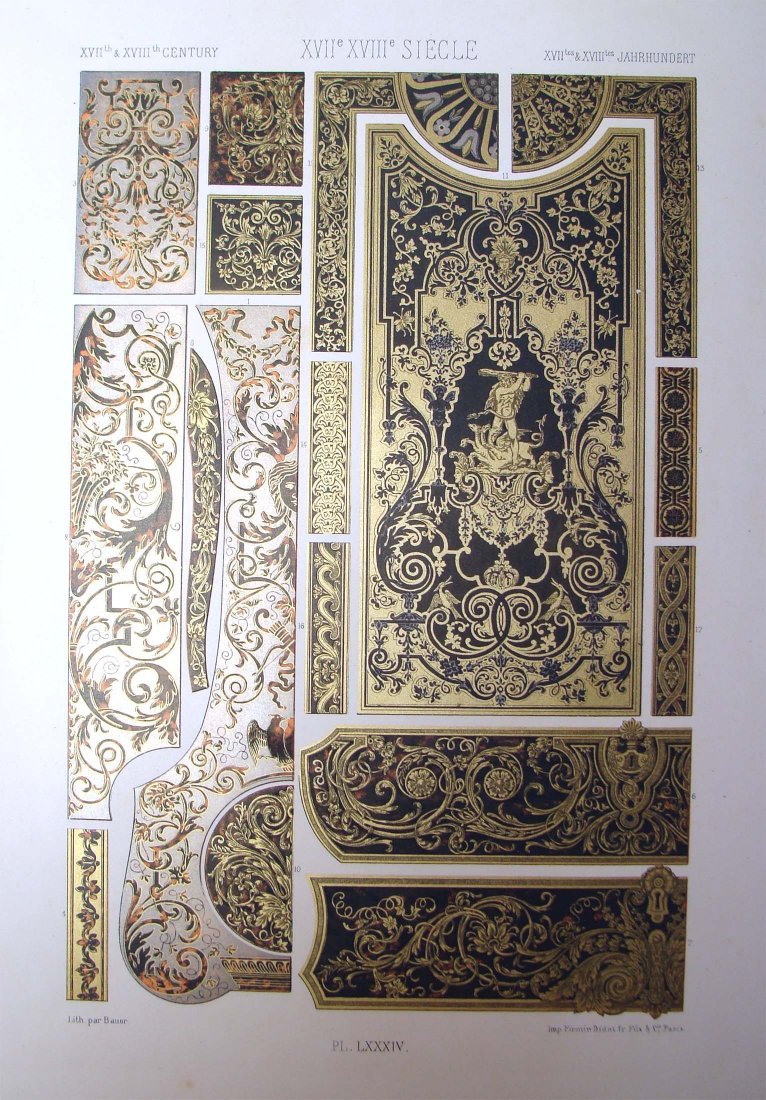 History of Ornaments & Design Circa 1860 Hoffmann: 17th & 18th century, plate LXXXIV, Stuttgart, germany, Colored Chromo Lithograph, Dimensions: 15" by 11"