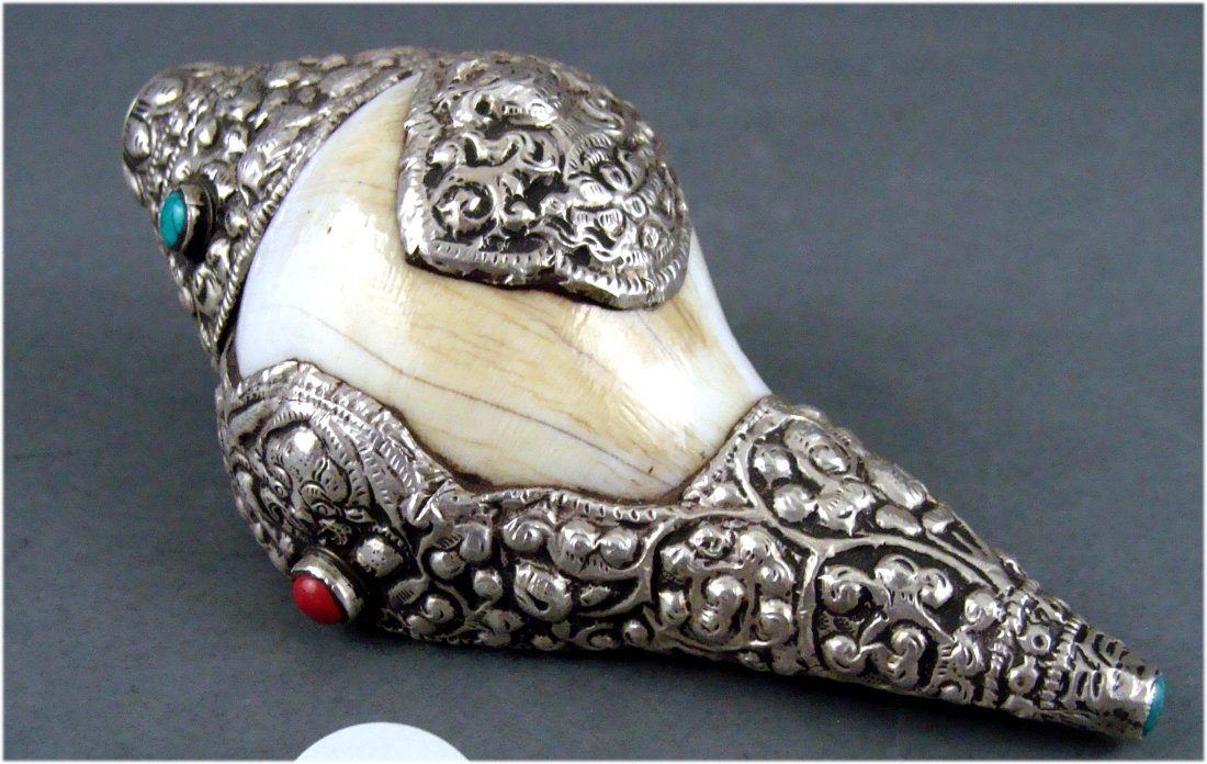 Nepal Ceremonial Conch Shell Trumpet Silver 5": Accented with engraved silver, turquoise and coral, dimensions 5" by 2.5" wide