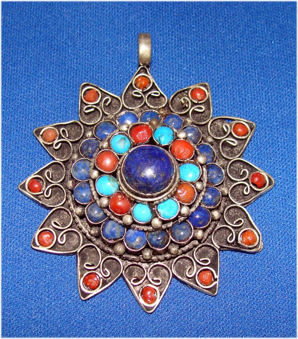 Nepal Turquoise Coral & lapis Nickel Silver Star Pendan: K3W6 dimensions: 1.25"