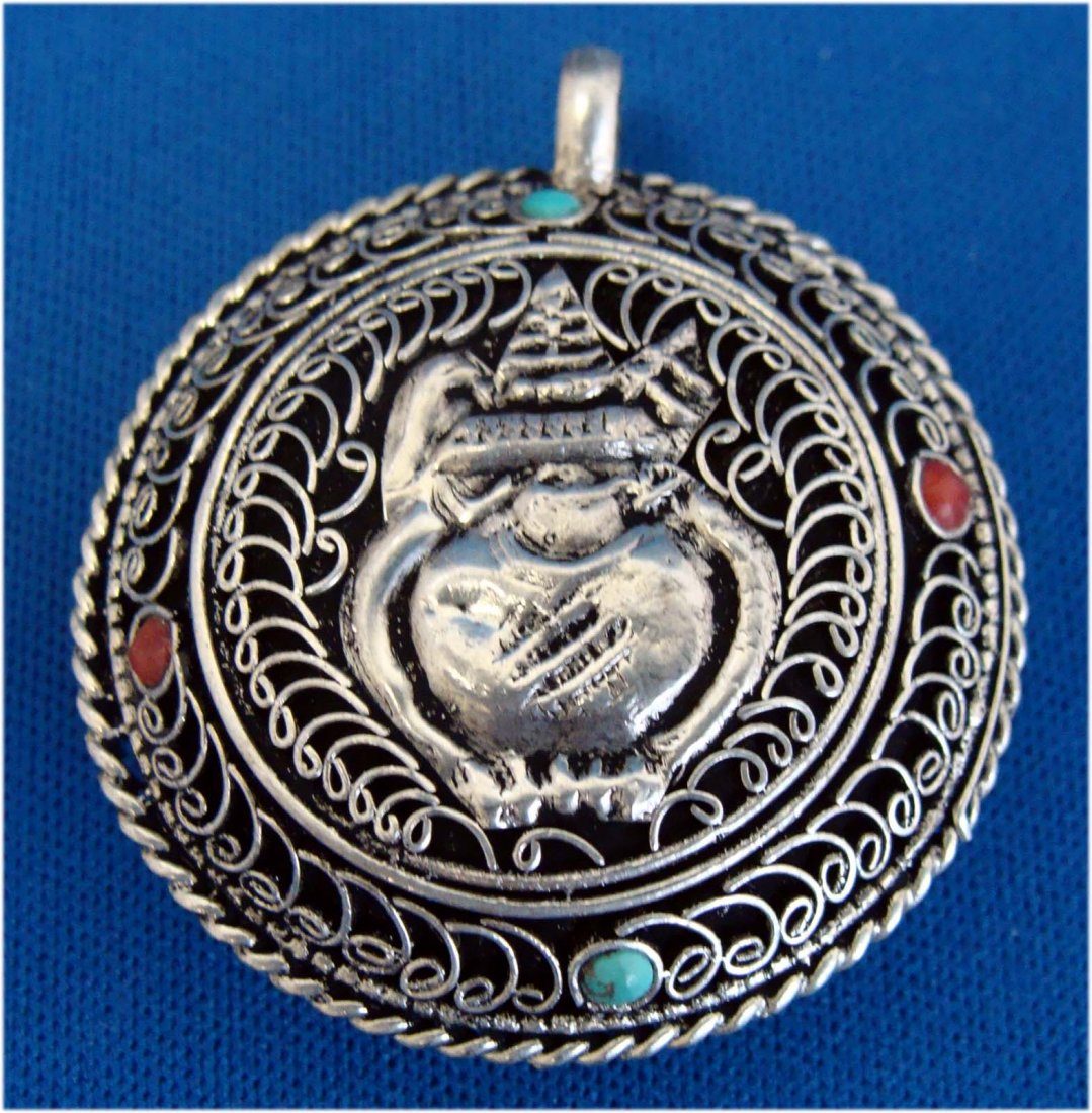 Nepal Turquoise & Coral Nickel Silver Figure Pendant: K3W7 dimensions: 1.25"