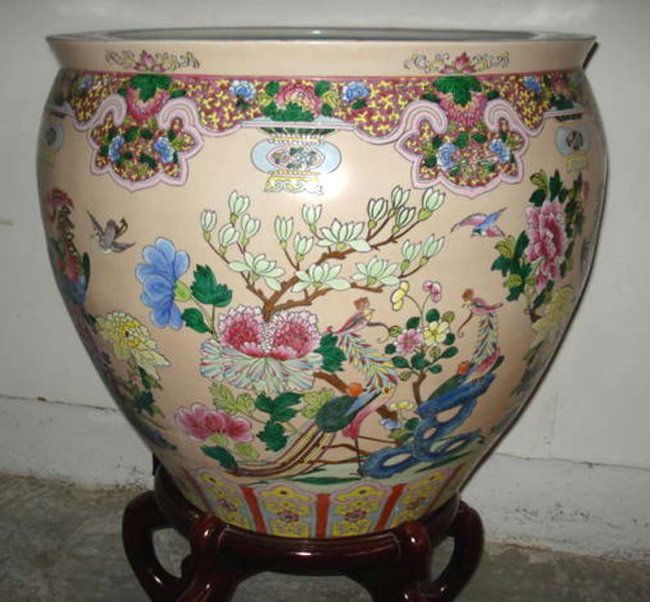 Large antique chinese porcelain decorated fish bowl