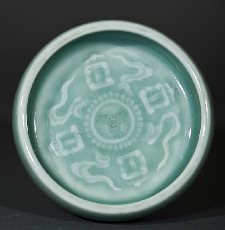Chinese Monochromatic Green Porcelain Brush washer Bowl: Raised etched bat design on the interior. Dimensions 1" Tall by 3" diameter, LB110