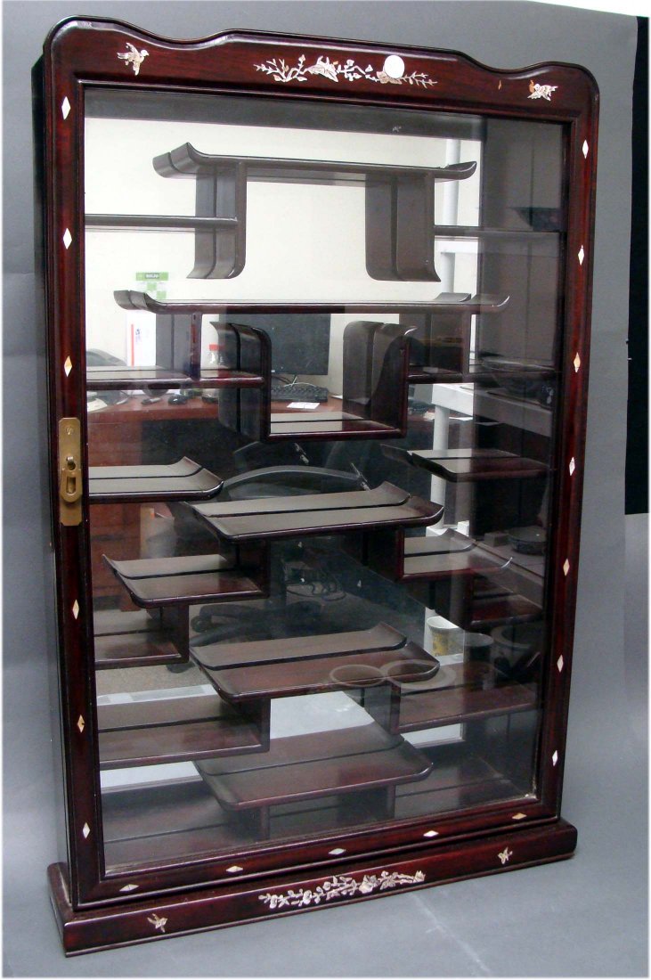 Chinese Ornate Wood Mirrored Wall Curio Cabinet: Dimensions: 31" by 21" by 4" deep JCK3W20