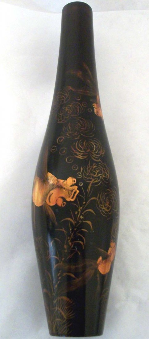 Antique Vietnamese Wood Laquer Goldfish Vase: dimensions: 13” tall by 4” wide BLK