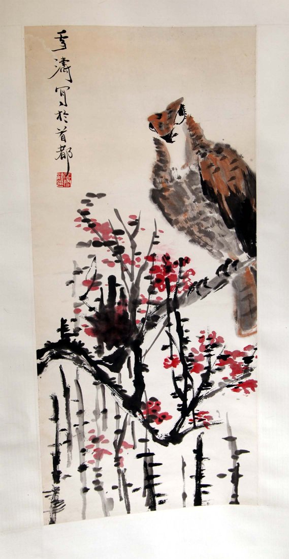 Chinese Scroll Painting Wang Xue Tao "Flower & Bird": Hanging pen and ink with color painting, inscribed and signed with a seal of the artist, Xue Tao, (1903-1982) who was a very well known painter, especially versed in flowers and birds with a very vivi