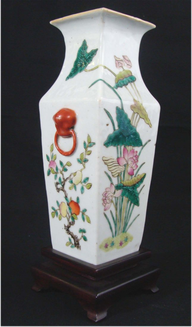 Chinese Square Vase w Red Fu Dog Handles on Base: Attached to base, Dimensions: 10.5" by 3.75" ZH244