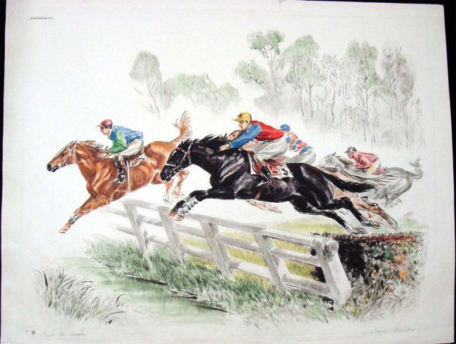 English Antique Print Steeplechase Horse race: Copper plate etching signed Limited edition circa 1950s P3001 Dimensions 20" by 25.5"