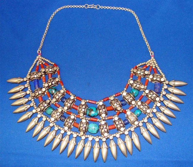 Nepal Sterling Silver Necklace Turquoise Coral & Lapis: Magnificent necklace adorned with large and small turquoise, lapis & coral beads, TAK85W5 Dimensions 10" wide