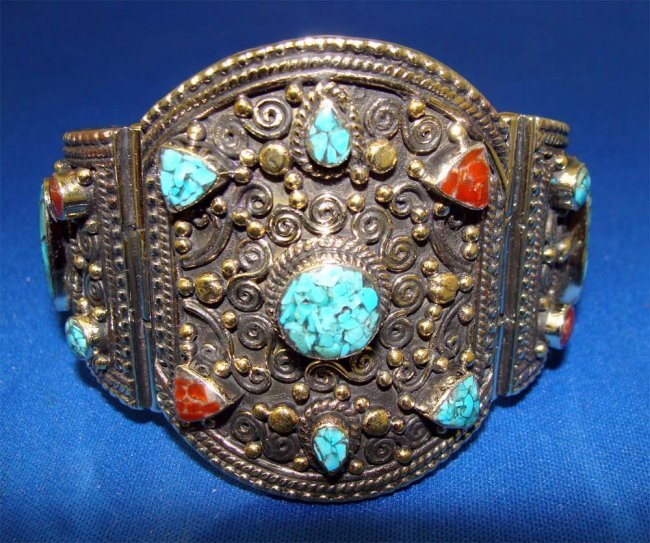 Nepal Silver Etched Cuff Bracelet w Turquoise & Coral: Beautifully inset with large and small turquoise & coral mosaic, Dimensions: 2.5" diameter TAK16W5