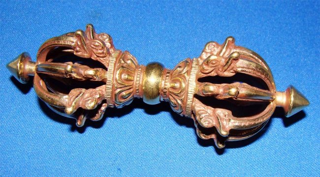 Nepal Brass Metal Etched Ceremonial Dorje: Traditional Hindu Ceremonial dorje, a ritual object that is held in the right hand of a Lama during various religious ceremonies. Dimensions 4.5" long by 1 1/2" wide