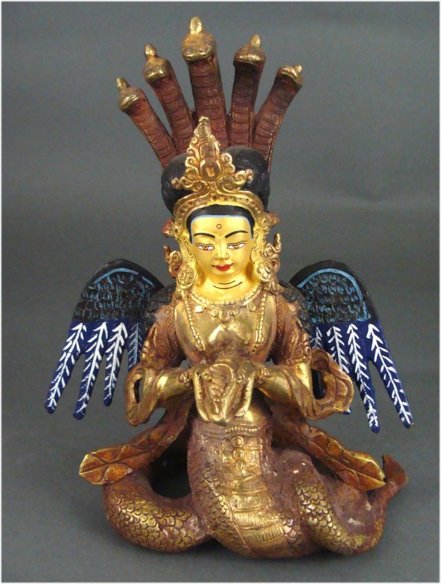 Bronze Hindu Nepal Figure Naga Kanya Goddess: Naga Kanya, an engaging figure has a human torso, a snake body and wings like and eagle. The Nagas are serpents who in the south and Southeast Asian mythology are considered to be rain givers and guar