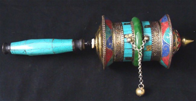 Hand Held Tibetan Nepal Prayer wheel Turquoise: decorated with Coral, Turquoise and Lapis inlays, and a Jade Bangle bracelet, Dimensions: 10" Long TAK4W55