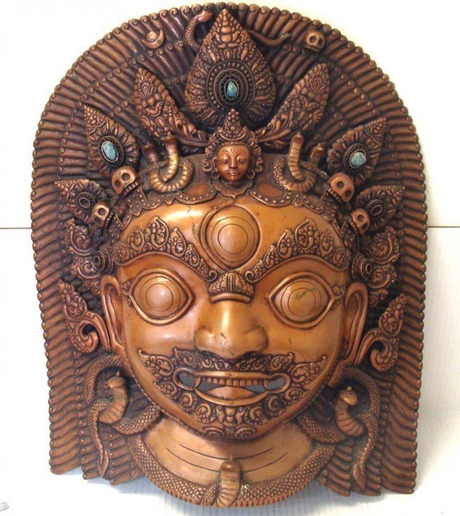Copper MASK OF BHAIRAVA Shiva 25" by 19" Nepal Tibet: Copper Newari MASK OF BHAIRAVA Shiva Ceremonial 25" by 19" Nepal, We obtained this incredible mask from the Beverly Hills Lee Estate collection of Masks., The mask fashioned from sections of copper re