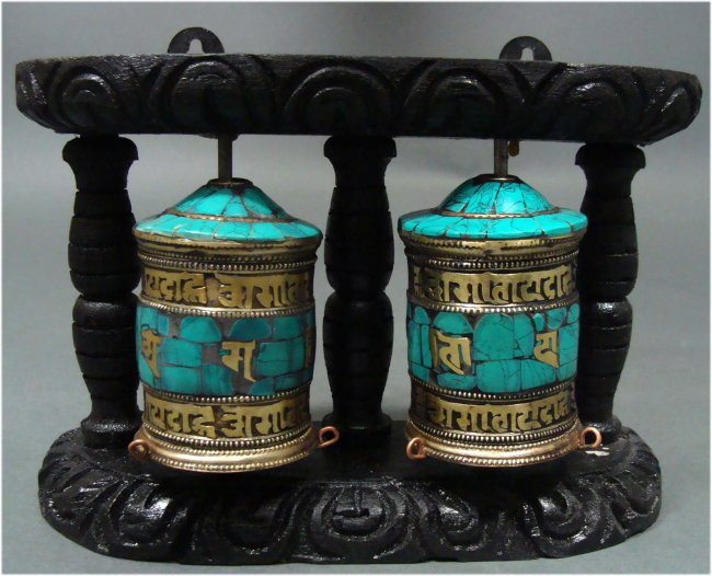 Nepalese Tibetan Double Prayer Wheel with Wood Frame: With inlaid Coral and Turquoise, this Tibetan Buddhist prayer wheel is encircled by brass Tibetan Sanskrit, spelling out "Om Mani Padme Hung", and 8 lucky signs, the Tibetan Buddhist meditation prayer