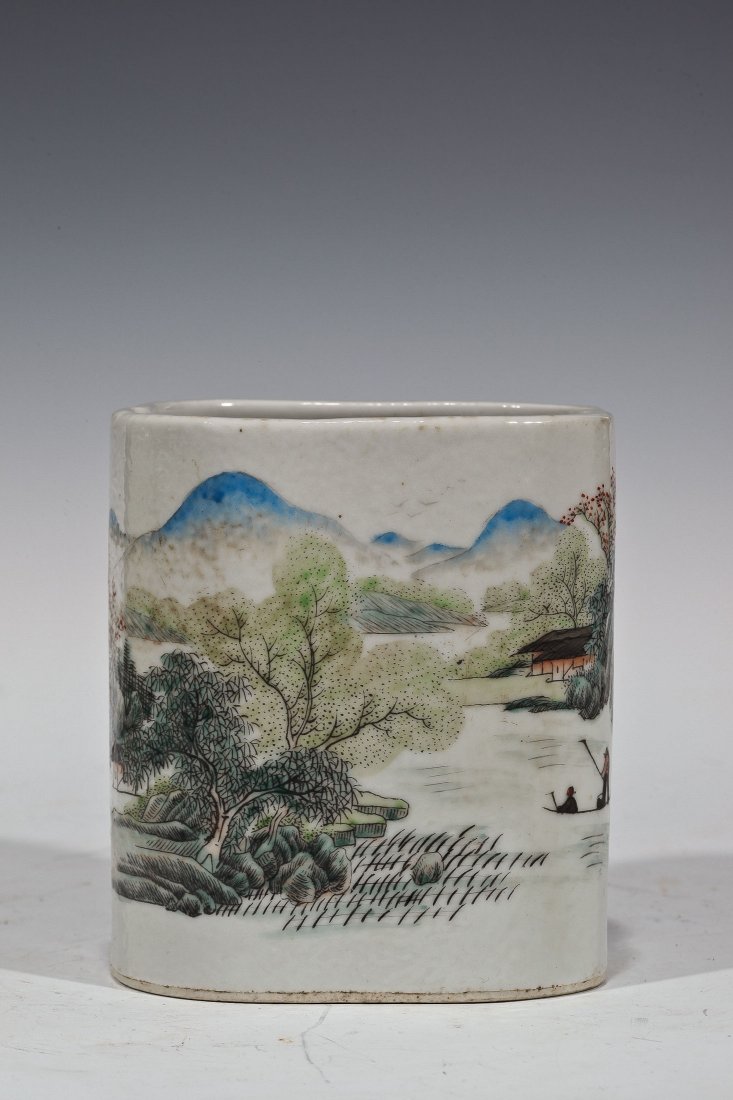 CHINESE ANTIQUE FAMILLE ROSE PORCELAIN BRUSH POT: DEPICTING A LANDSCAPE, SIGNED WANG YOU TANG. DB404 4.5" H X 4" Wide