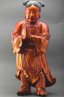 Chinese antique gilt wood figure 24" Tall: Depicting a standing boy, hands in Buddhist mudra. Late 19th- early 20th C. dimensions: 24" Tall by 10" wide K163W