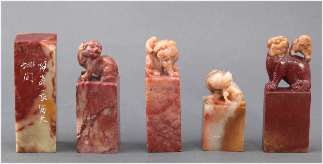 Five antique Chinese carved soapstone seals: Each depicting animals on the top. 19th-20th C. dimensions: 3.50" Tall (largest) K105W