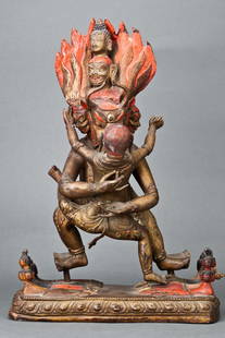 CHINESE TIBETAN BRONZE YAMANTAKA: HOLDING A LADY ON HIS HANDS. Dimensions 17" H by 12" wide DB073