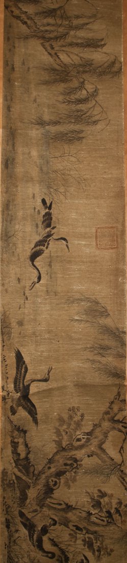 ANTIQUE CHINESE WATERCOLOR PAINTED HANDSCROLL: DEPICTING DUCKS. ATTR. TO LIU YONG, AND JIANG TINGXI. DB109 Dimensions: 170" by 11.5"