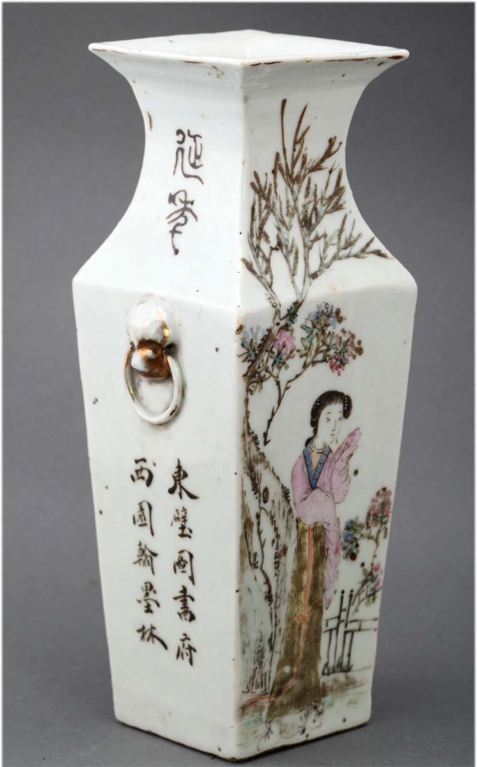 Chinese famille rose antique porcelain vase: Depicting figures and landscapes. Early 20th C. dimensions: 9" H by 3.25" wide K108W