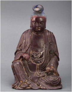 Chinese antique carved wood guanyin figure: Wearing a long robe, one hand holding a peach. Circa 19th C. dimensions: 9.5" H by 5.75" W K061W