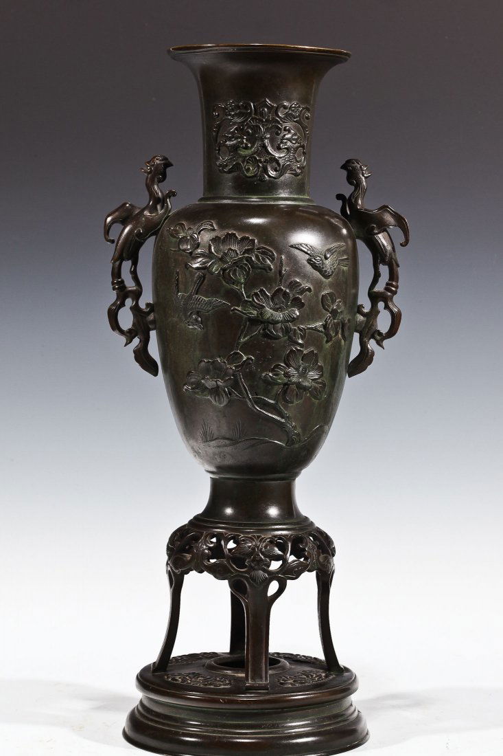 Japanese antique bronze vase: depicting birds and flowers. Having two phoenix handles. Dims 16 1/4" H by 7" wide. DB407
