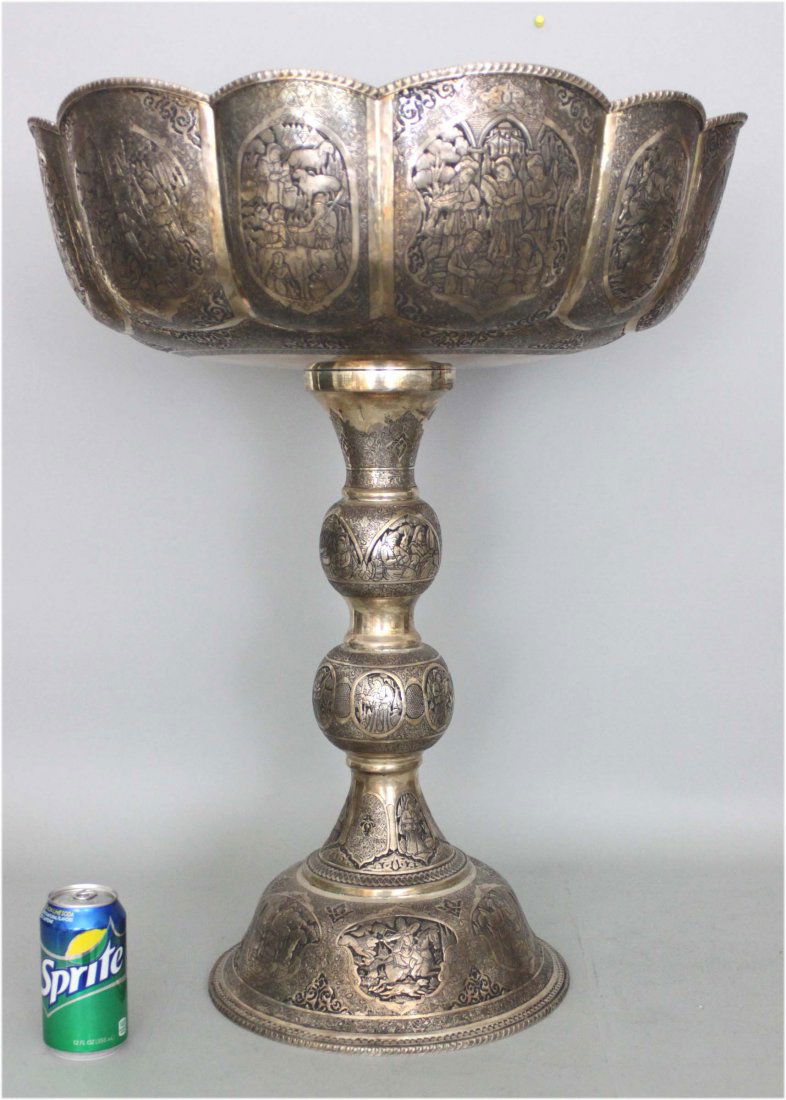 Magnificent Persian Silver Pedestal Bowl 28" Tall