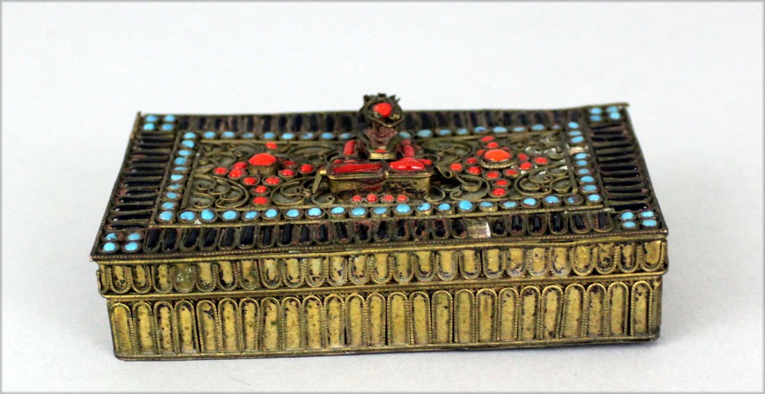 Vintage Filigree Lidded Hinge Box with Figure: From Nepal, 5" by 3" by 1", HK016