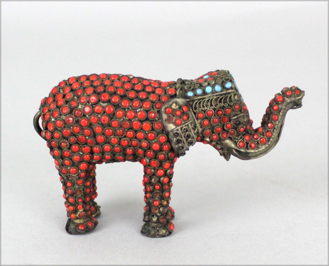 Vintage Nepal Inlaid Filigree Elephant with beads: 3" by 4 1/4", HK020