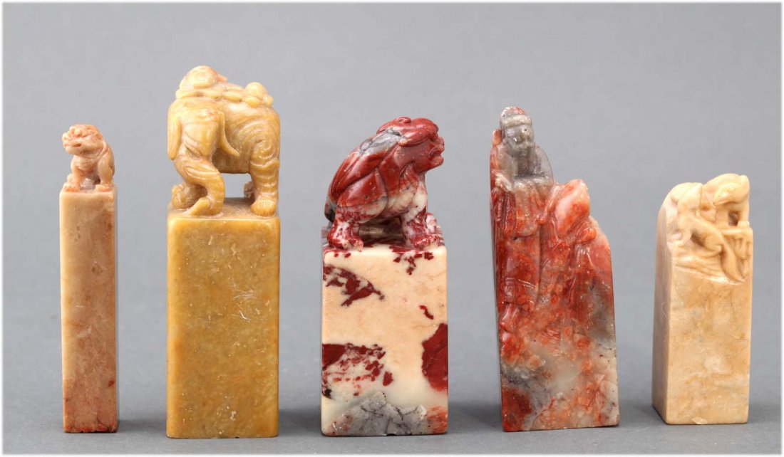 Five antique Chinese carved soapstone seals: Each depicting animals and figure on the top. 19th- 20th C. dimensions: 3.75" Tall (largest) K106W