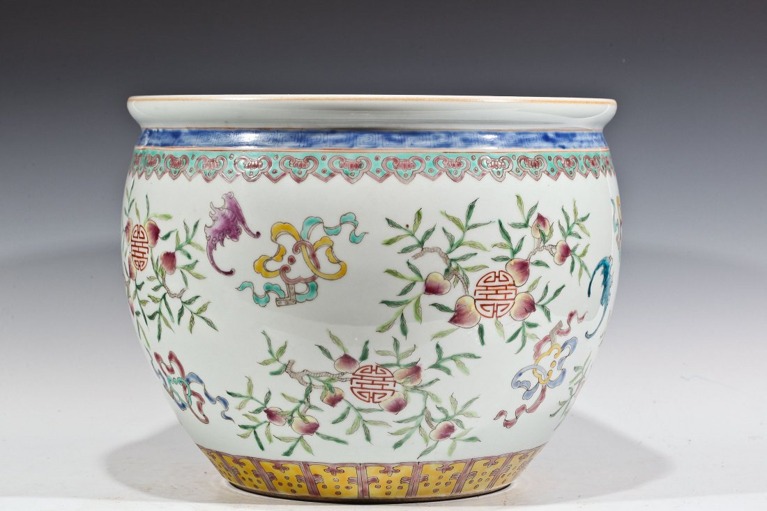 CHINESE ANTIQUE FAMILLE ROSE PORCELAIN FISH BOWL: DEPICTING PEACHES AND BATS. DB046 Dimensions 10" Tall by 12" diameter