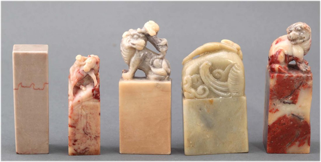 Five Antique Chinese carved soapstone seals: Each depicting animals on the top. 19th-20th C. dimensions: 3.75" Tall (largest) K104W