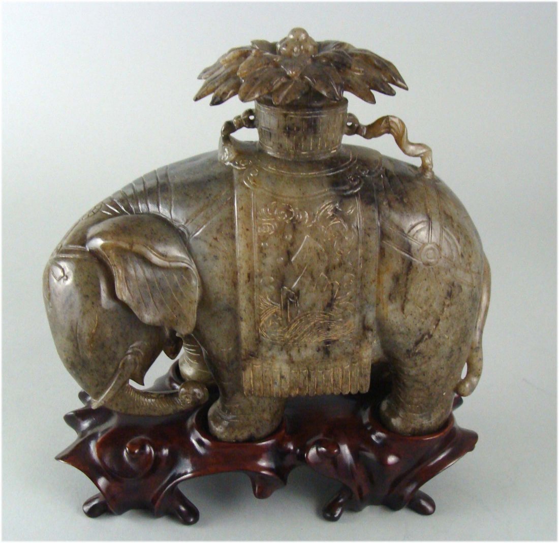 Antique Chinese Carved Old Jade Elephant On Wood Base: dimensions 8" by 7" by 3" TX011 K60W15