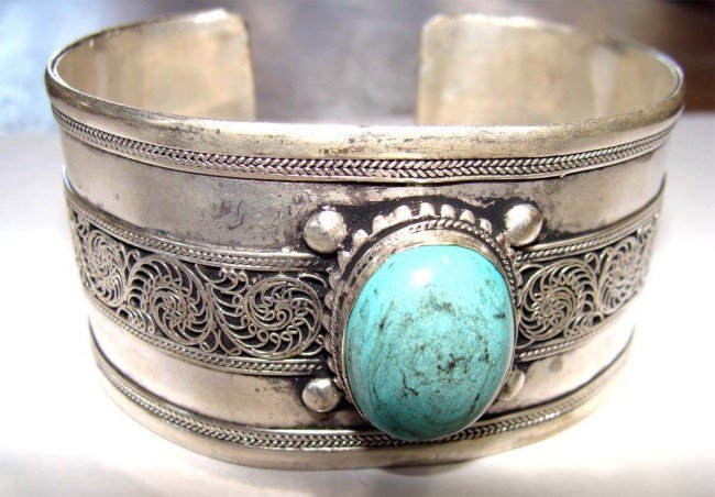 Nepal Nickel Silver Metal Cuff Bracelet Large Turquoise: Filligree Design, Dimensions: 2.75" Diameter K4W6