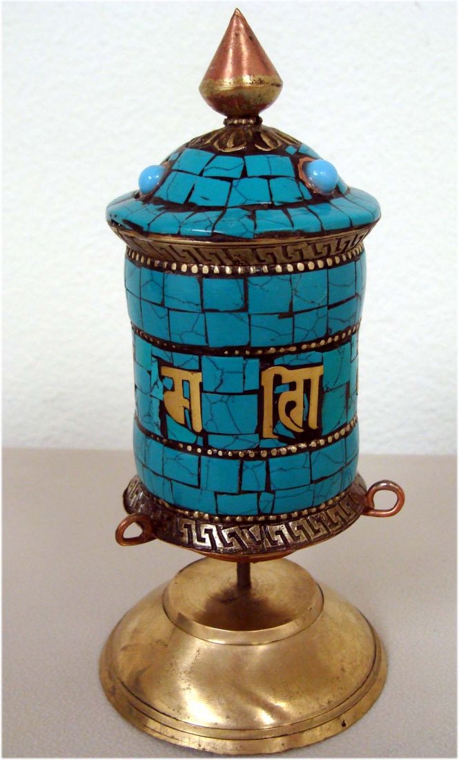 Nepal Buddhist Ceremonial Turquoise Table Prayer Wheel: K10W5 Intricate handcraft with turquoise, lapis, carnelian, silver, jade stone and coral, A prayer wheel is a holy object containing the Tibetan mantra "Om! Mane Padme Hum!" ("Hail! Jewel in the Lotus
