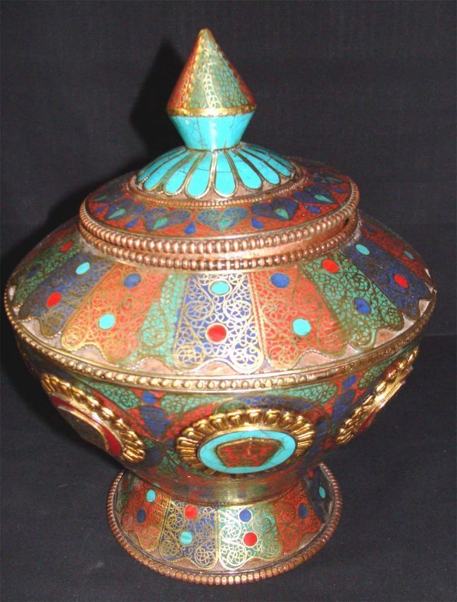 Nepal Ceremonial Rice Bowl Filligree Turquoise & Coral: Dimensions 10.5" by 9" TAK15W21