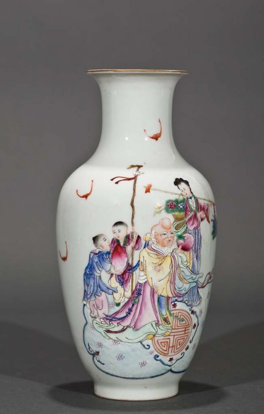 Chinese Porcelain Bottle Vase Pastel Colors Family: Decorated with a family scene with red bats flying overhead. dimensions 9" tall by 5" diameter. LB107