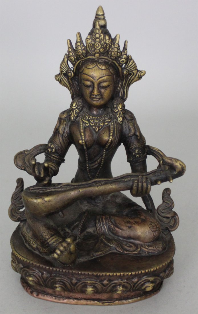 Tibetan Nepal Goddess W Instrument Bronze Figure: Seated on a lotus throne, Dimension: 24"H x 19"W x 19"D, LZ27