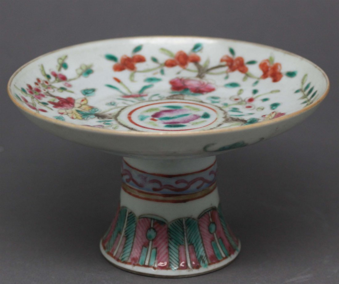 Chinese Porcelain Pedestal Bowl Pastel Flowers: Bats under the rim, 3"H x 5 1/2" Dia, TX159