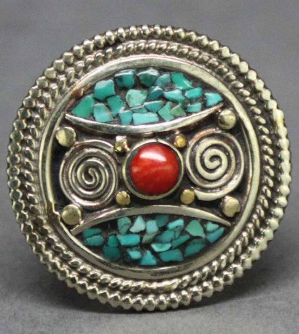Tibetan Nepal Handcrafted Turquoise Silver Ring: Nepal Nickel silver with coral and turquoise nuggets, ring size 8