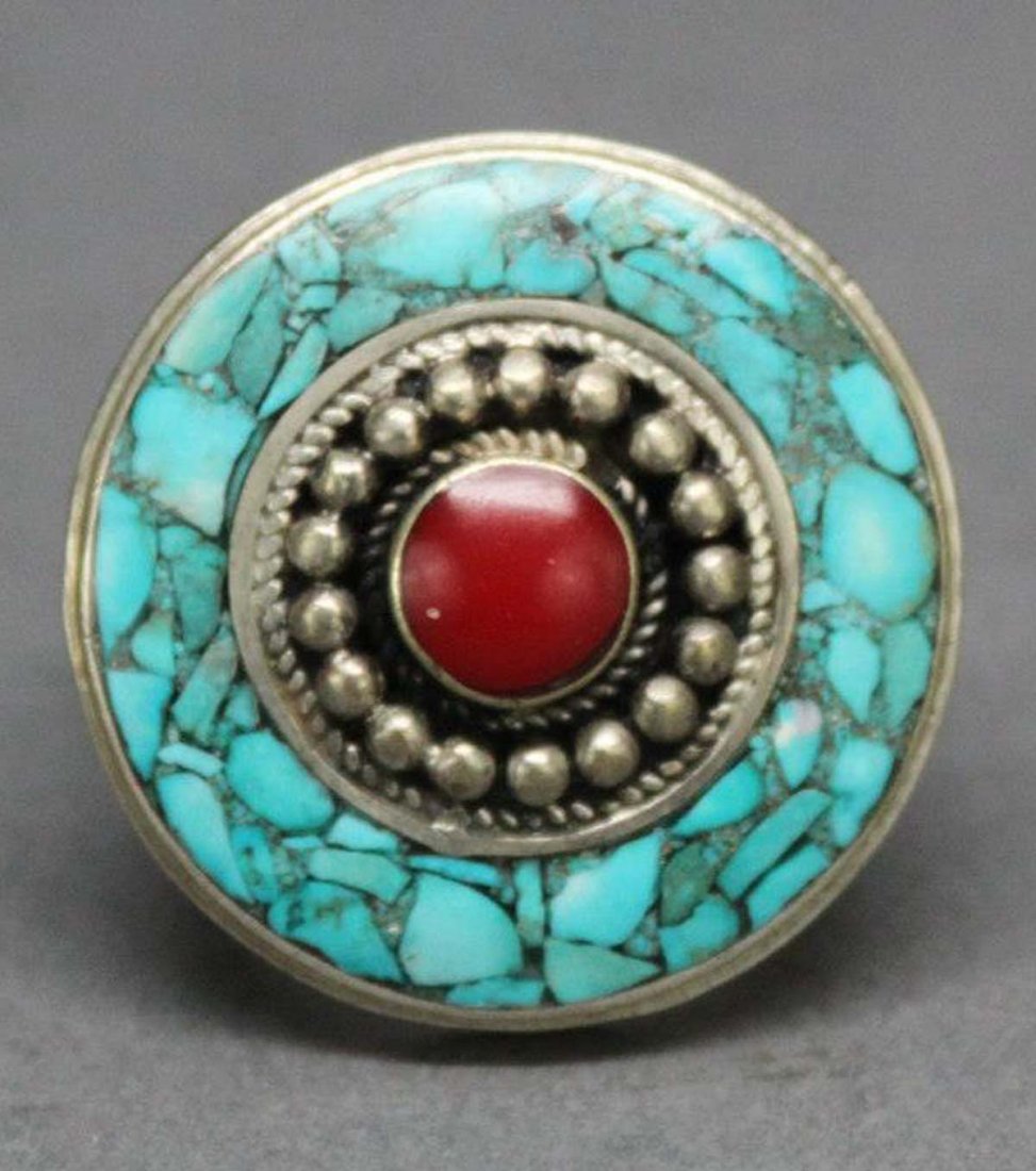 Tibetan Nepal Handcrafted Turquoise Silver Ring: Nepal Nickel silver with coral & turquoise & lapis inset, ring size 9